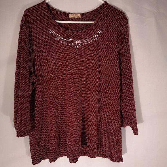 Brochure Ladies 3/4 sleeves Burgundy & Black Lightweight Sweater - Picture 1 of 7